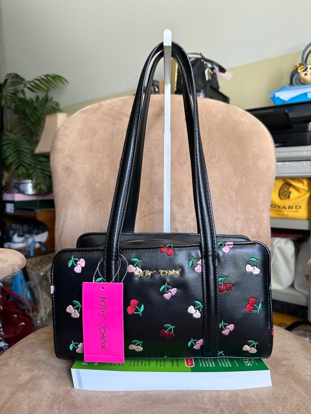 Betsey Johnson Shoulder Bag Black with Pink & Red Cherry Embroidery New with Tag